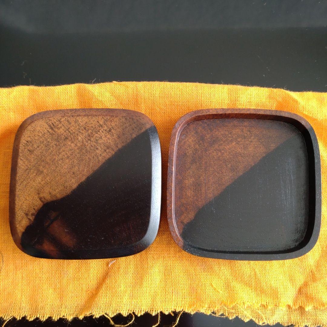 香合　黒柿四方　翡翠蒔絵　峰春造　共箱　無傷