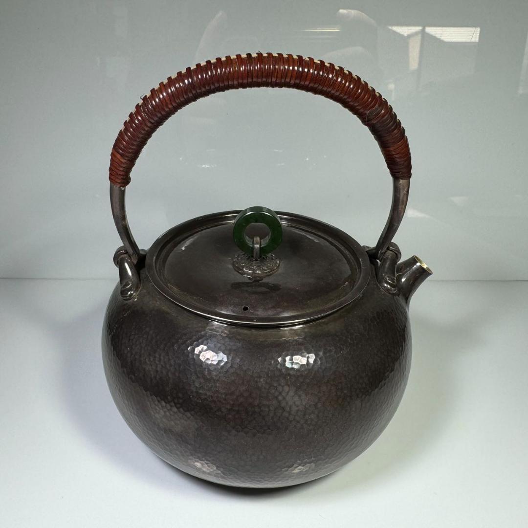 純銀製 羽田花押 寶珠 薬缶 貴石摘 銀瓶 煎茶道具 湯沸 美術品 純銀保証