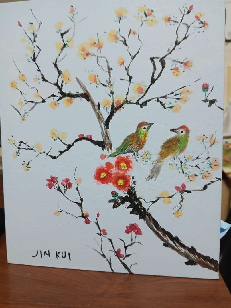 鳥と花 手描き自作絵画 JIN KUI
