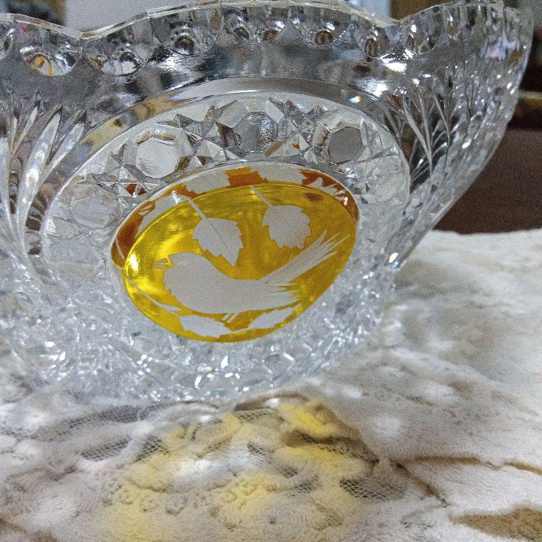 ホフバウワー イエローバードクリスタルガラス ボウル 小鳥アンティーク　西ドイツ