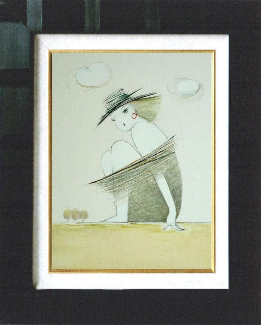 油絵 菅家令子 絵 絵画インテリア額付(青緑＋金色の枠) F3-041014女性