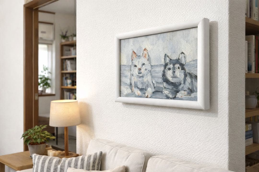 寄り添う時間｜犬2匹の油彩画・原画・額付き