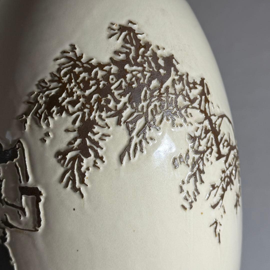 ◆韓国無形文化財【曹基正】作白磁浮彫人物図大花瓶 45.3cm 無等窯 共箱◆