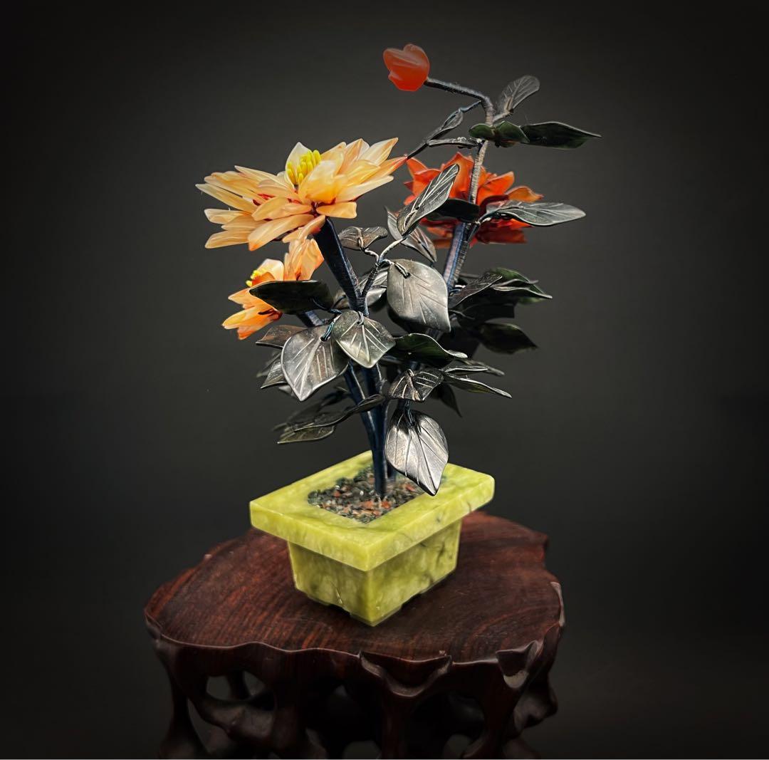 中国美術 古玩 玉石瑪瑙翡翠 彫刻 盆栽置物 開運風水ミニ盆栽