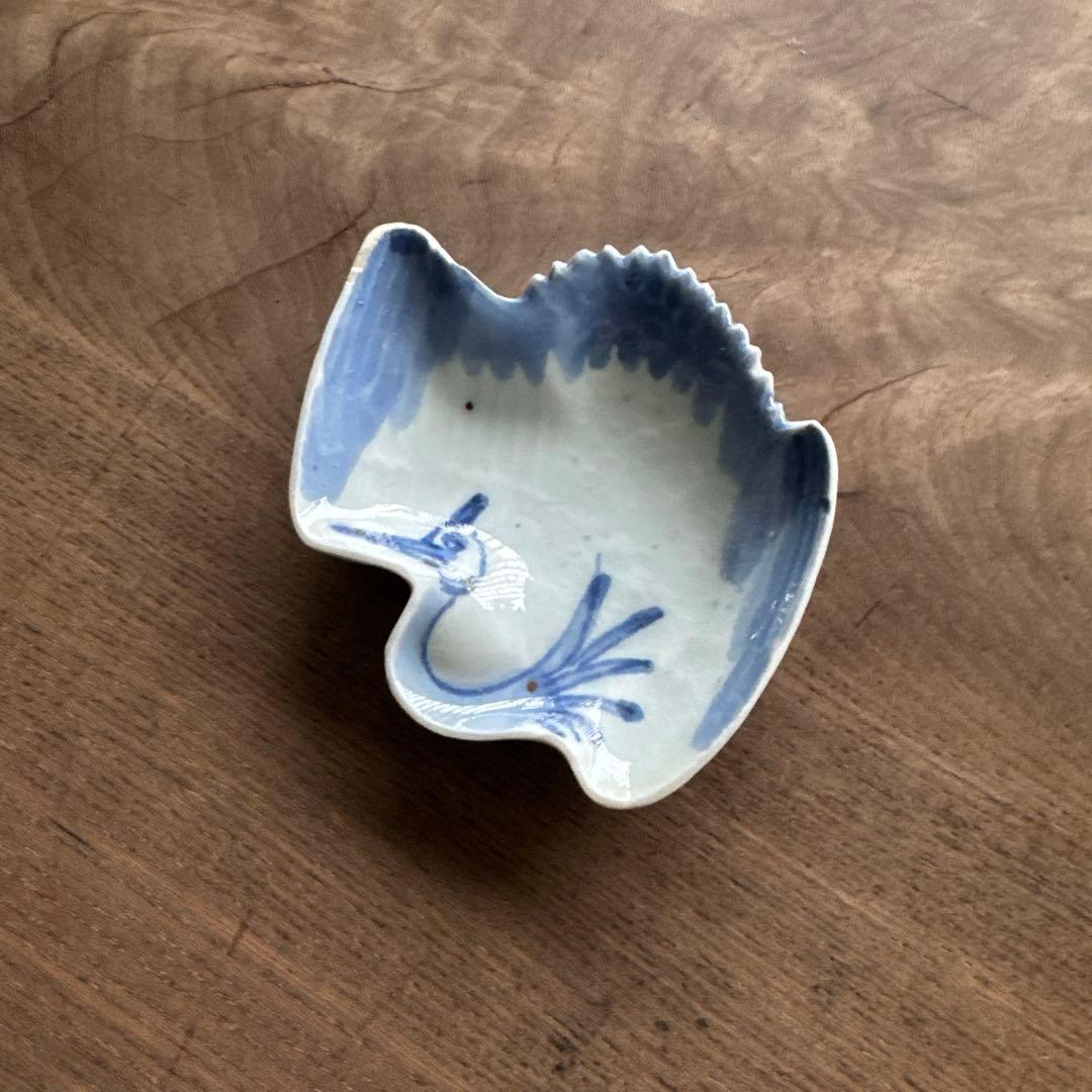 江戸中期　藍九谷　染付鶴形　手塩皿/小皿　変形皿　K338