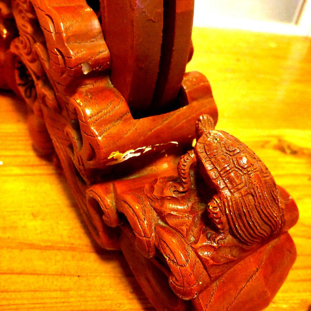 彫辰作 鶴亀彫 親子亀 墨壷 骨董 在銘 工芸品木製彫刻 装飾品 大工道具 墨坪