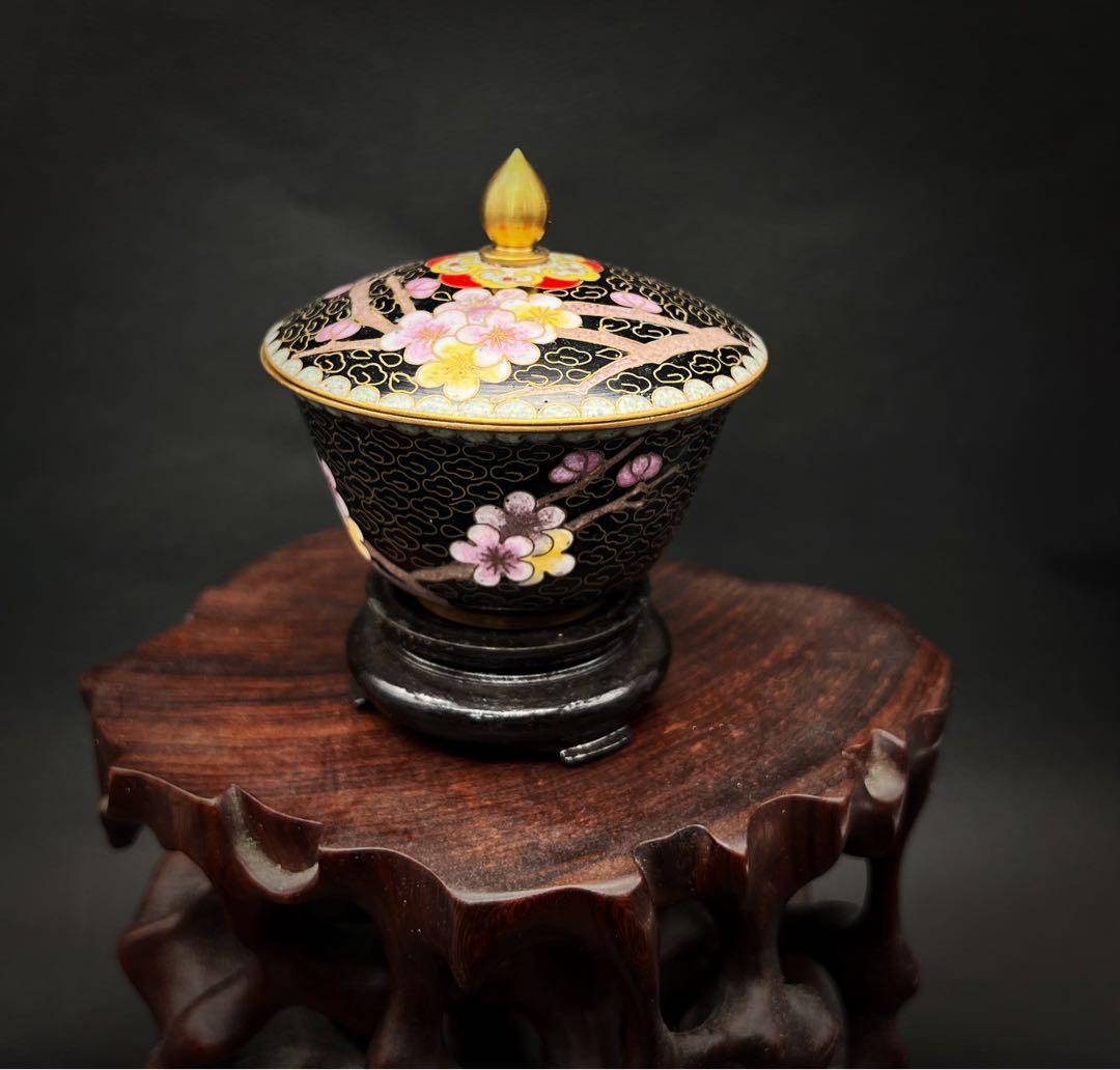 希少品 中國美術 古玩 景泰 京法 七宝焼梅紋樣茶碗 お茶椀 台座付き 茶道具