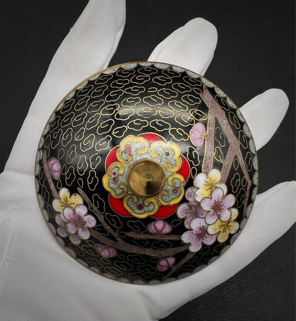 希少品 中國美術 古玩 景泰 京法 七宝焼梅紋樣茶碗 お茶椀 台座付き 茶道具