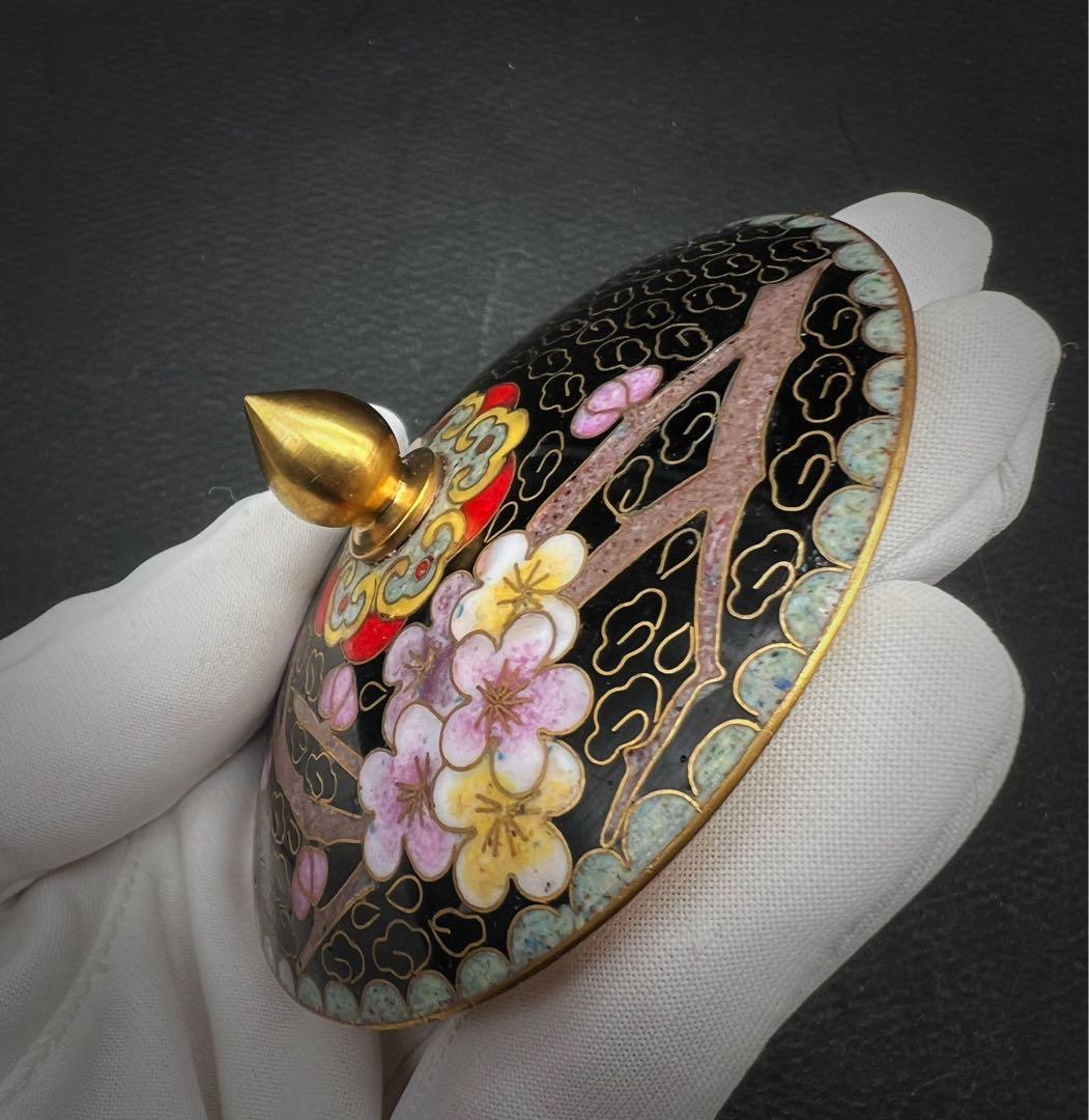 希少品 中國美術 古玩 景泰 京法 七宝焼梅紋樣茶碗 お茶椀 台座付き 茶道具