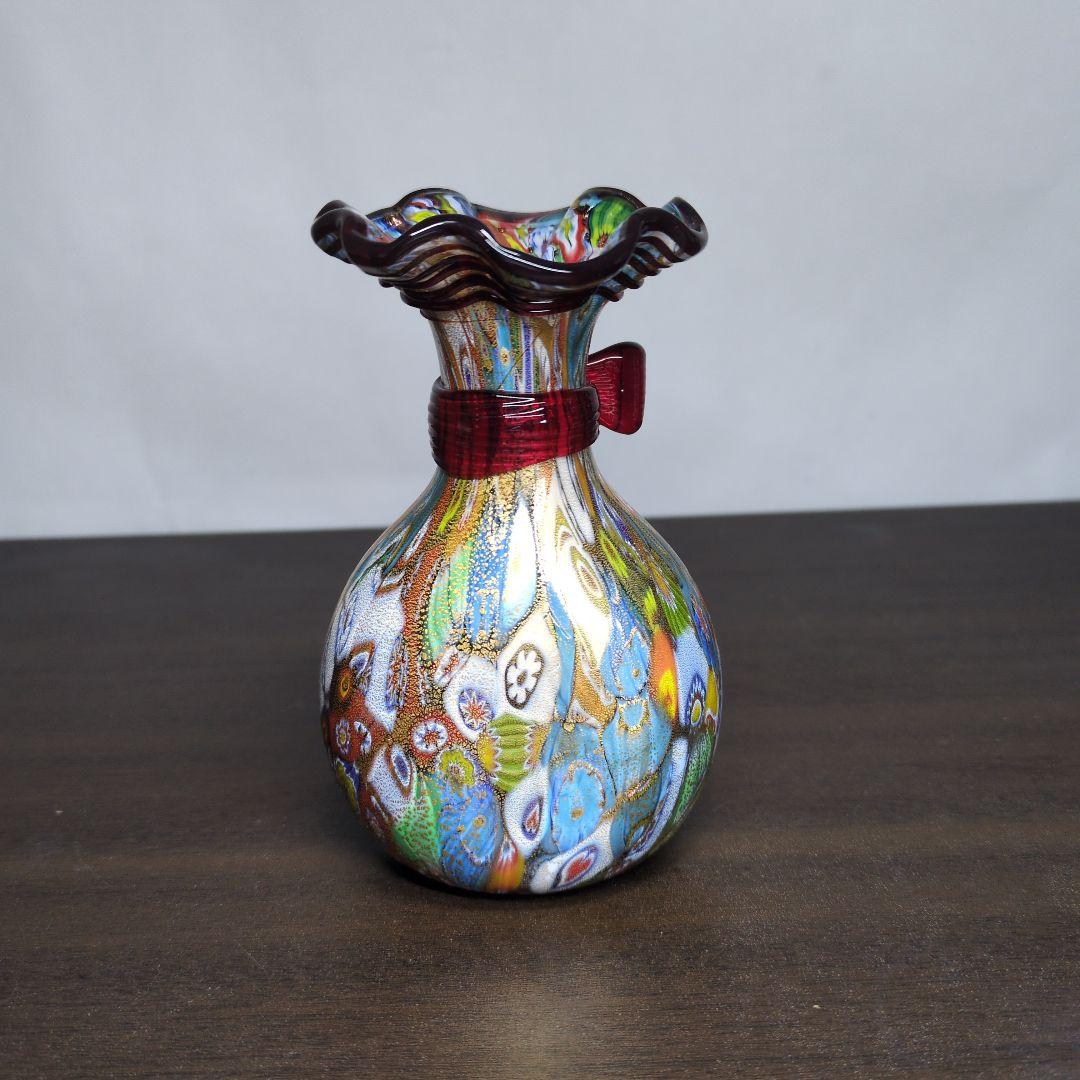ムラーノ 金彩カラフル ミルフィオリ リボン付き 花瓶 高さ約12cm