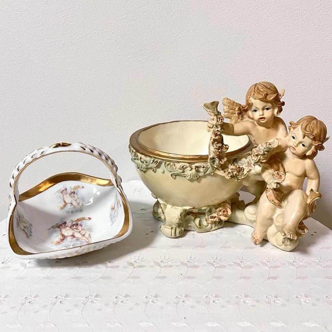 イタリア製 天使 エンジェル アンティーク調 置物 小物入れ／陶器製 バスケット