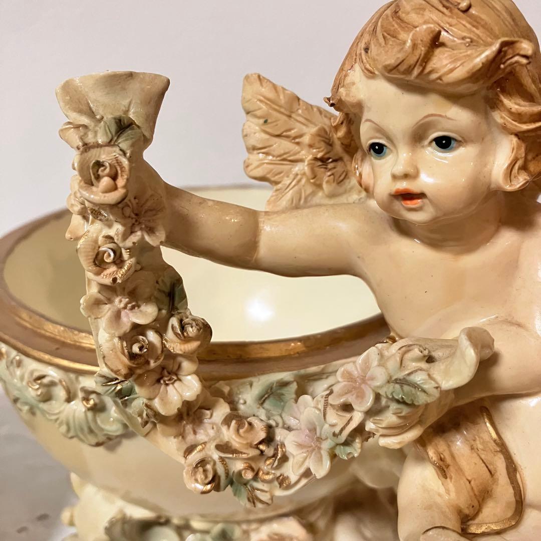 イタリア製 天使 エンジェル アンティーク調 置物 小物入れ／陶器製 バスケット