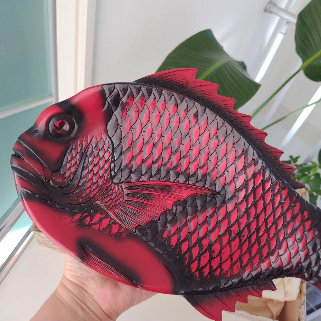 骨董品希少！美品アンティーク鯛 彫刻 菓子器 漆器 レトロ 縁起物