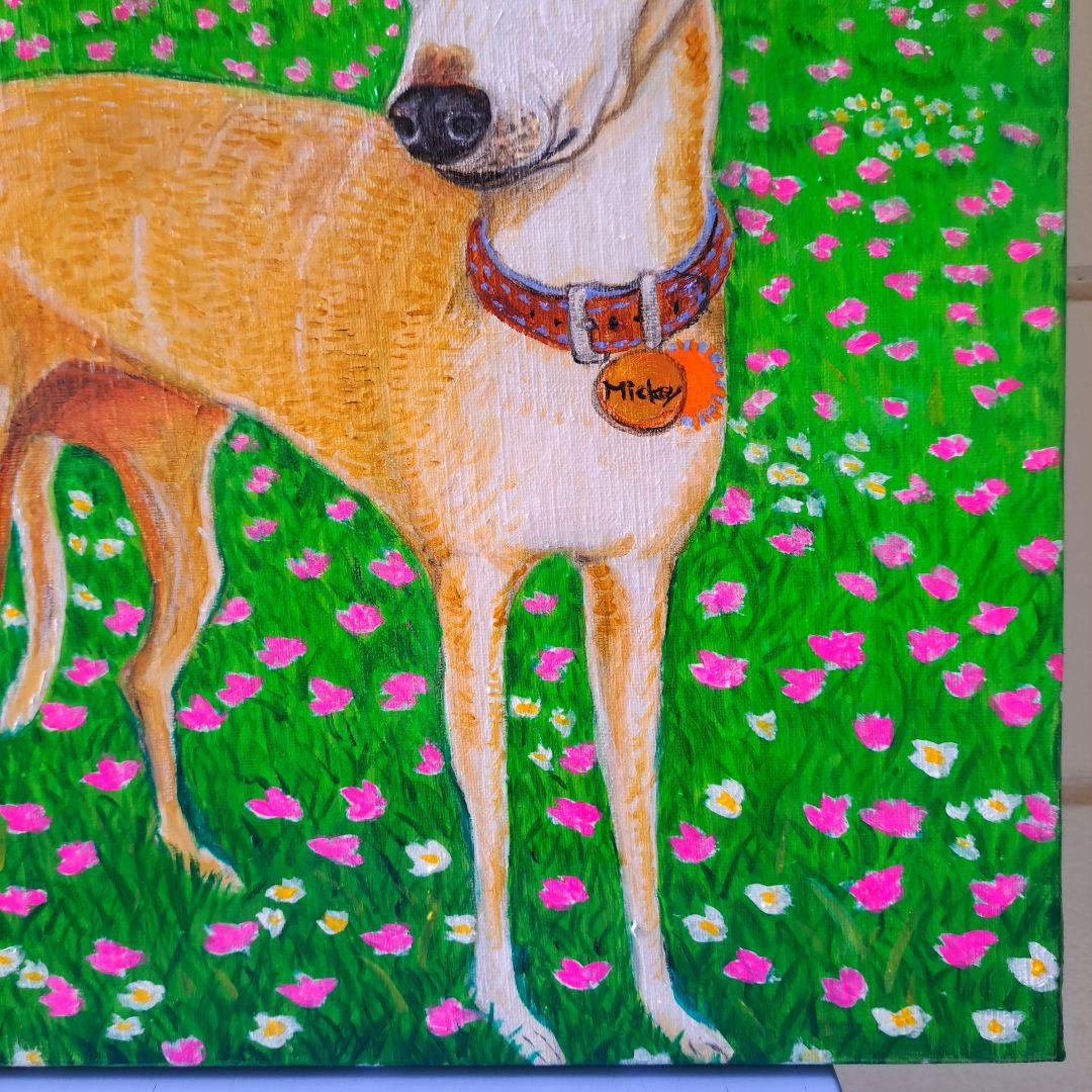 専用　油絵　イタリアングレーハウンドの美しいMickeyちゃんと小花咲く草原