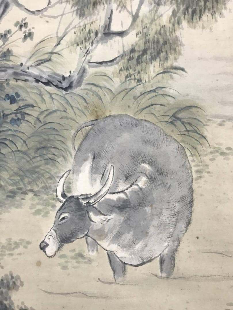 【真作】保間素堂/晩涼帰牧図/牧童図/山水図/横物/掛軸/名家伝来/AC-127