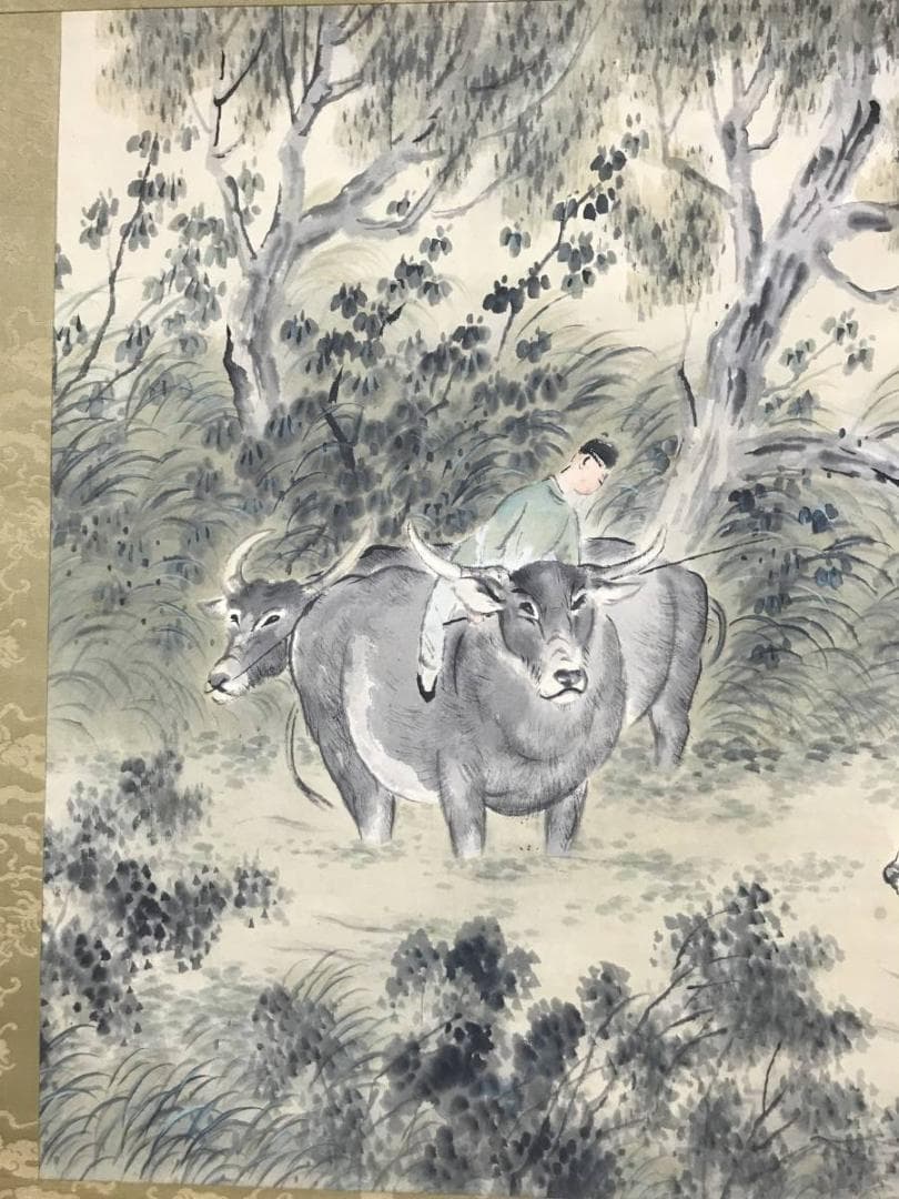 【真作】保間素堂/晩涼帰牧図/牧童図/山水図/横物/掛軸/名家伝来/AC-127