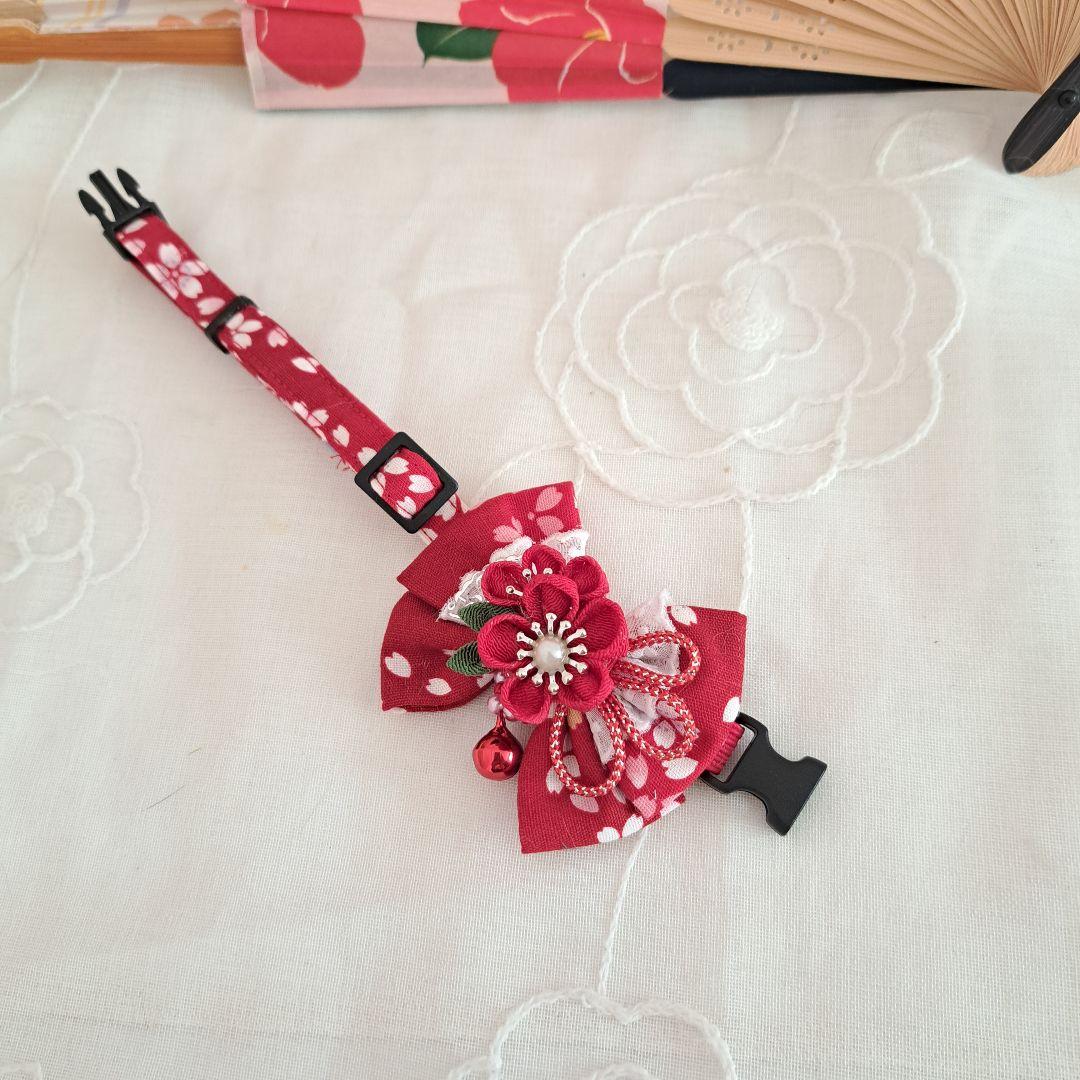 ダブルリボン、和風つまみ細工(赤②)わんちゃん猫ちゃん用首輪