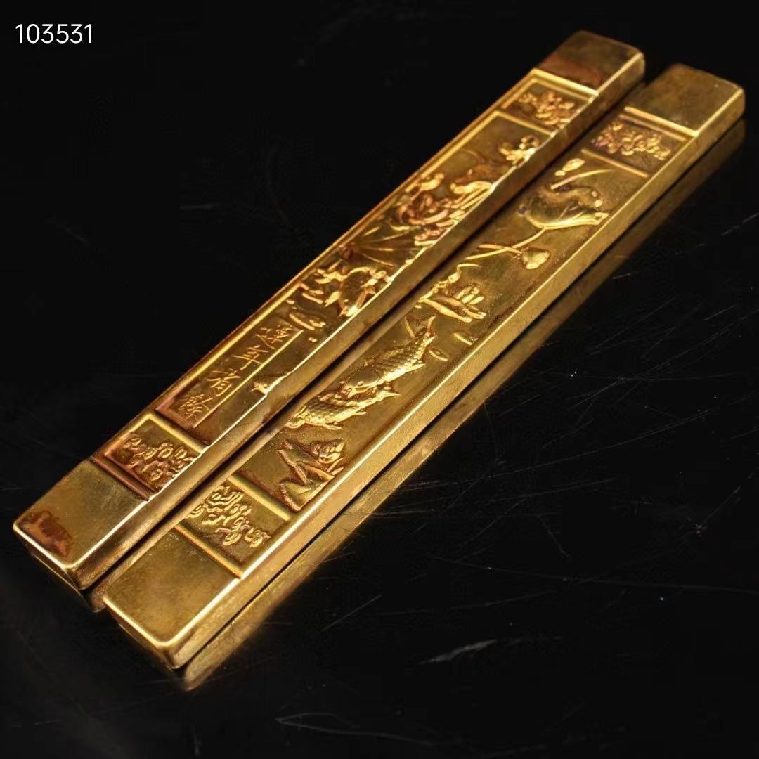 中国古美術·旧藏·純手作り・純銅・鎏金鎮尺一セット·文房具·置物·賞物・風水開運