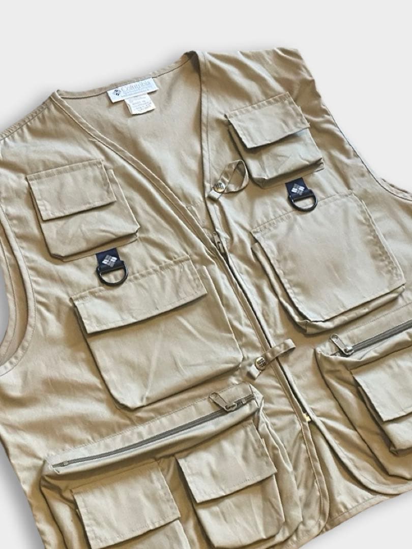 90s Columbia PFG ベージュ フィッシングベスト 6ポケット 美品