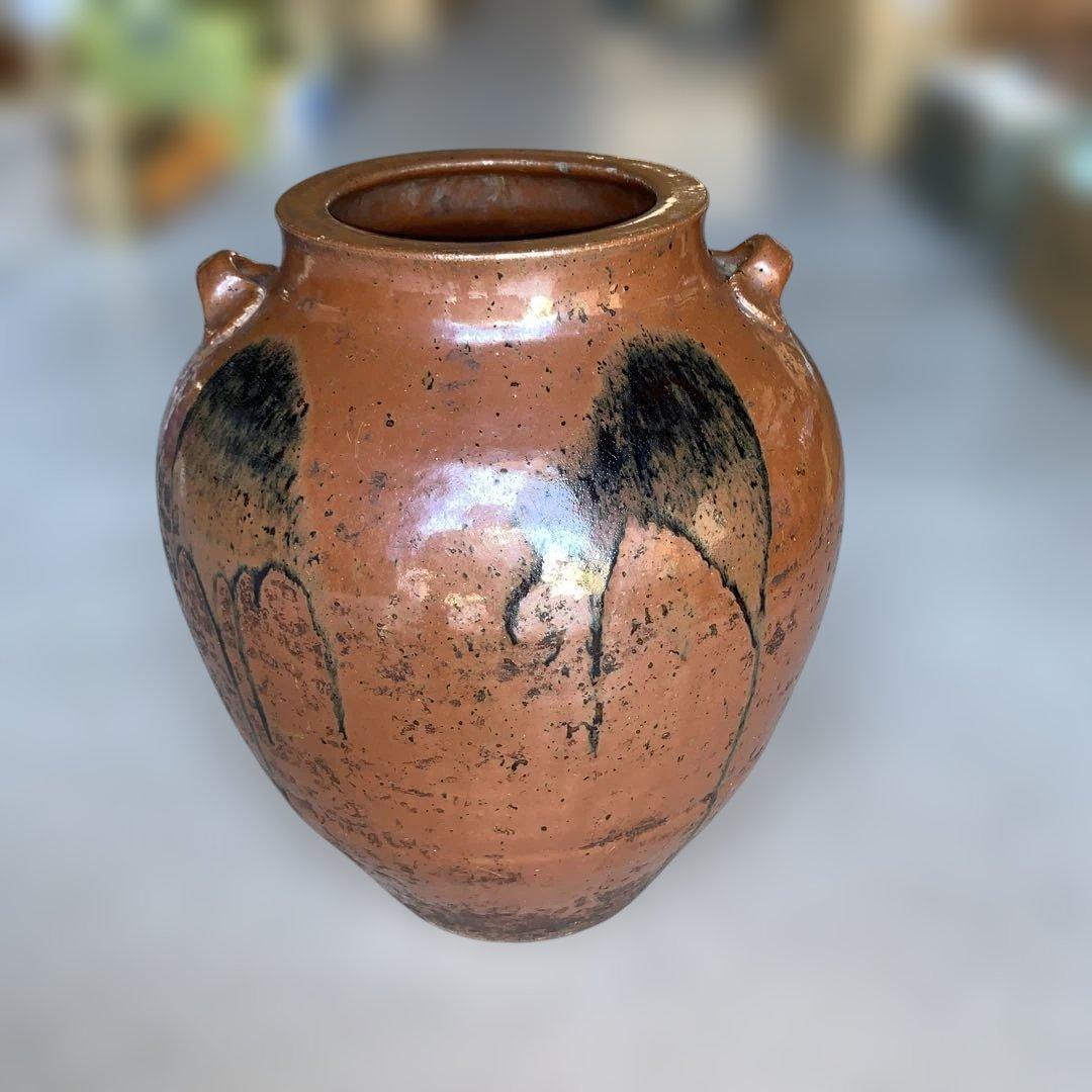 茶色の陶器製，百年灰釉双耳壺 特大32.6㎝ 日本古陶 古美術品 旧家収蔵品