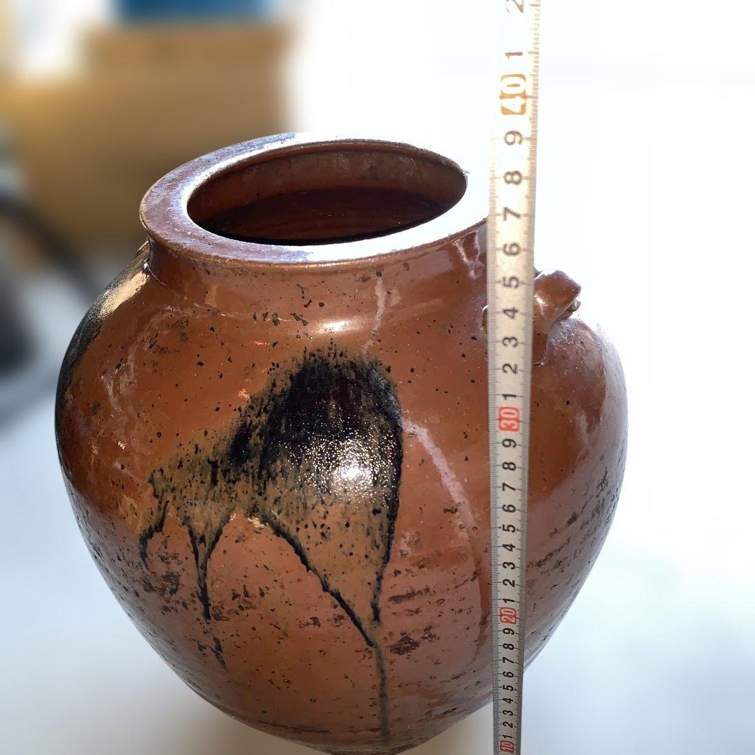 茶色の陶器製，百年灰釉双耳壺 特大32.6㎝ 日本古陶 古美術品 旧家収蔵品