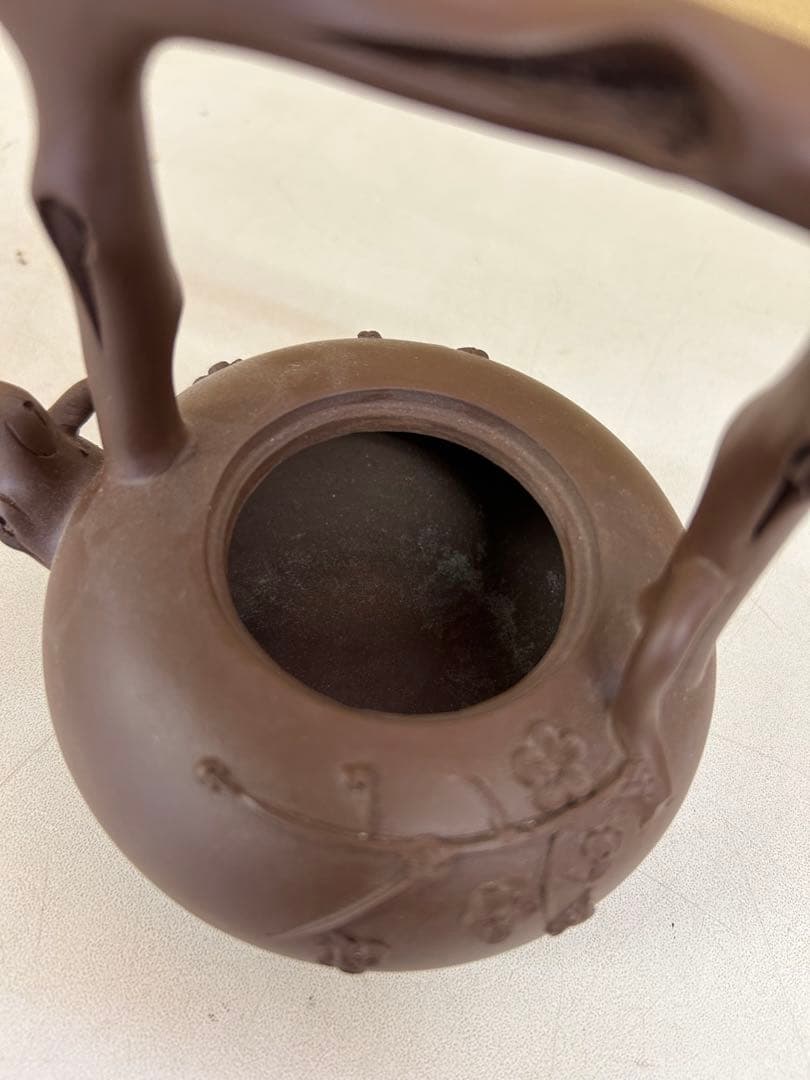 P98 中国 宜興紫砂　手彫梅模様 工芸急須 廃盤品　紫砂壺 手作り茶壺　茶道具