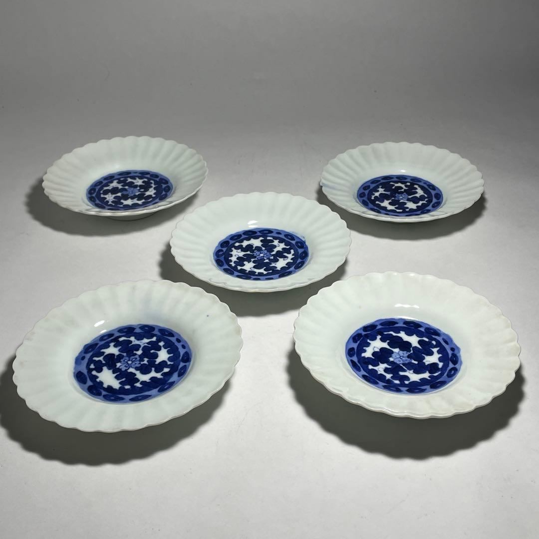 ◆染付菊形輪花皿5枚 花文 中皿 旧家蔵出し品 美品 江戸幕末期〜明治初期◆