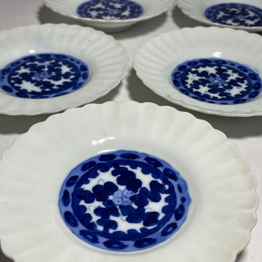 ◆染付菊形輪花皿5枚 花文 中皿 旧家蔵出し品 美品 江戸幕末期〜明治初期◆
