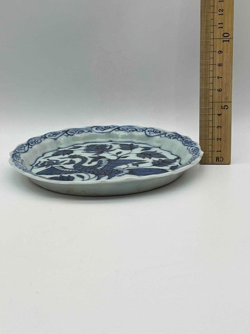 元時代　染付青花牡丹鳳凰花鳥文洗　輪花盤　古染付皿　唐物(A-79)