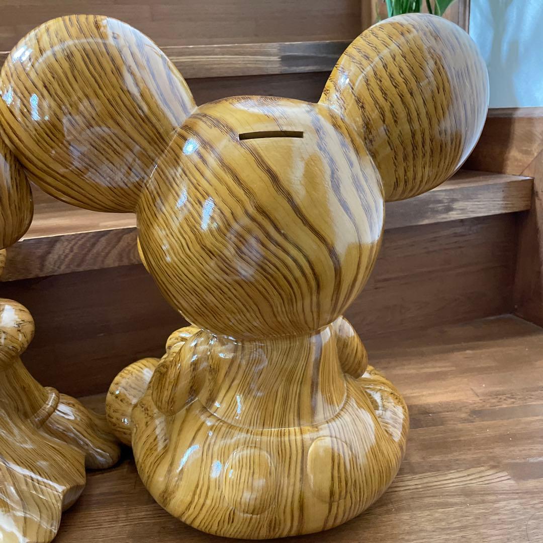 ディズニー　ミッキー　ミニー　木目調　貯金箱　置物