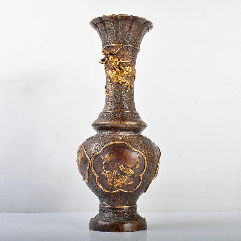 中国　乾隆年製　古銅鍍金　龍鳥文瓶　M　R4597