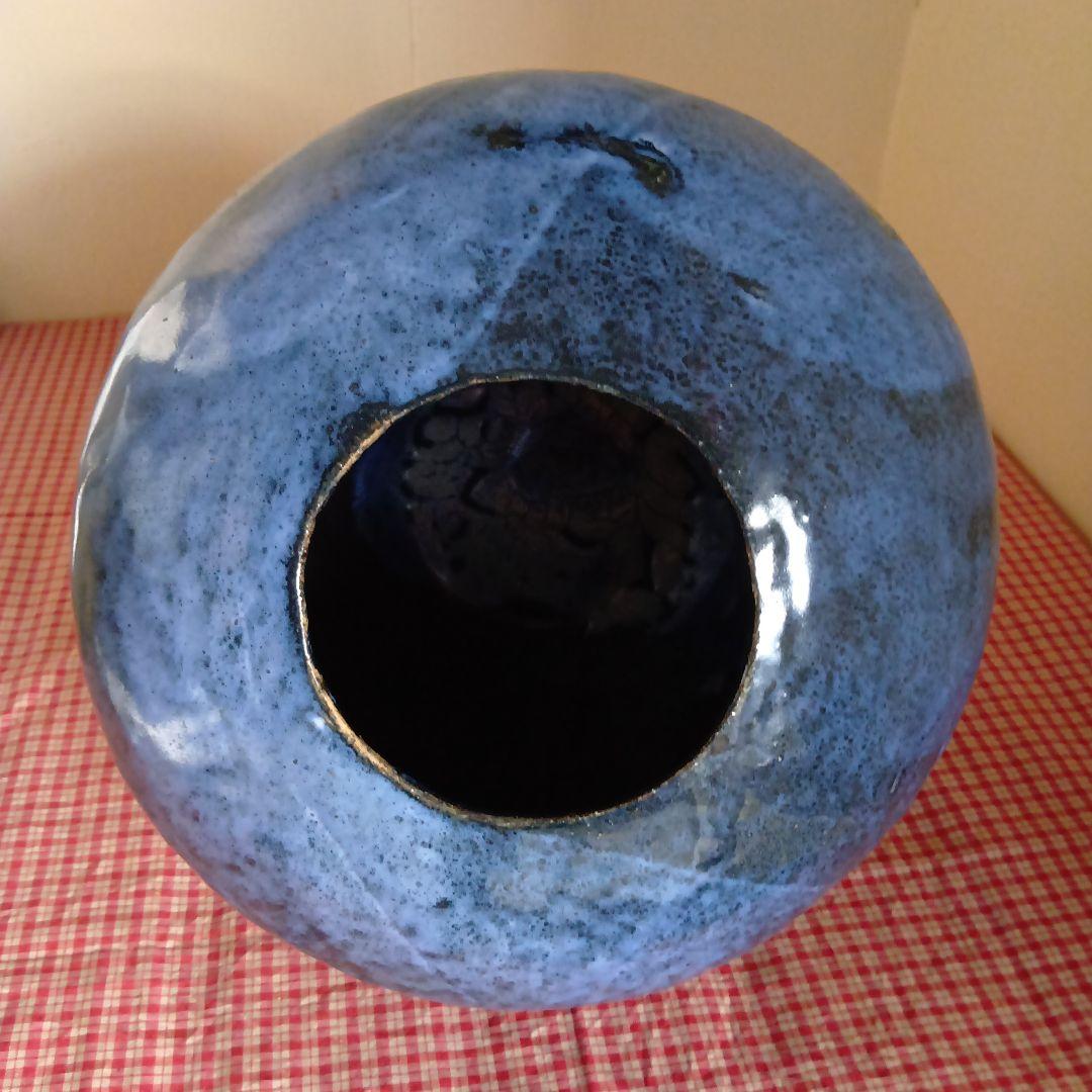 青色の陶器花瓶 釉薬