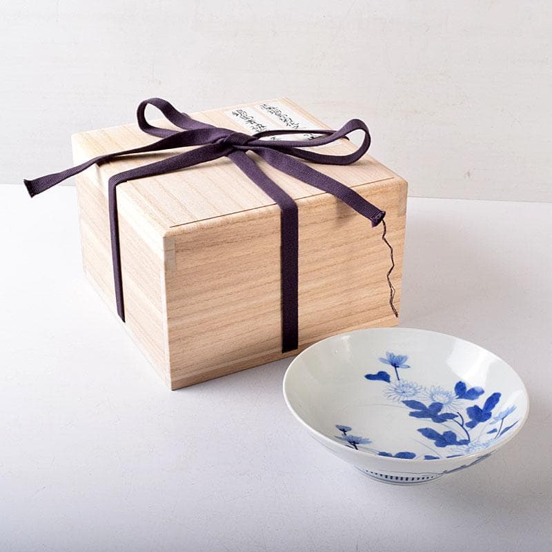 鍋島焼　藍鍋島　染付菊花文　五寸皿　時代箱　V　R8086