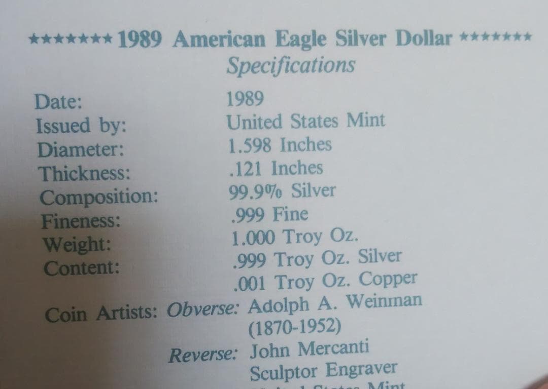 アメリカンイーグル 1ドル銀貨(1989年・保証書付)