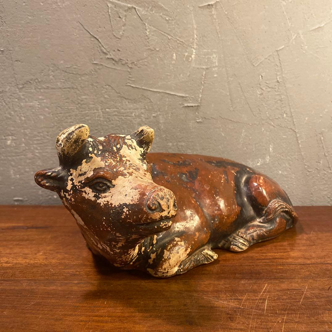 骨董品 陶古園 牛の置物 オブジェ 時代物 コレクション オブジェ