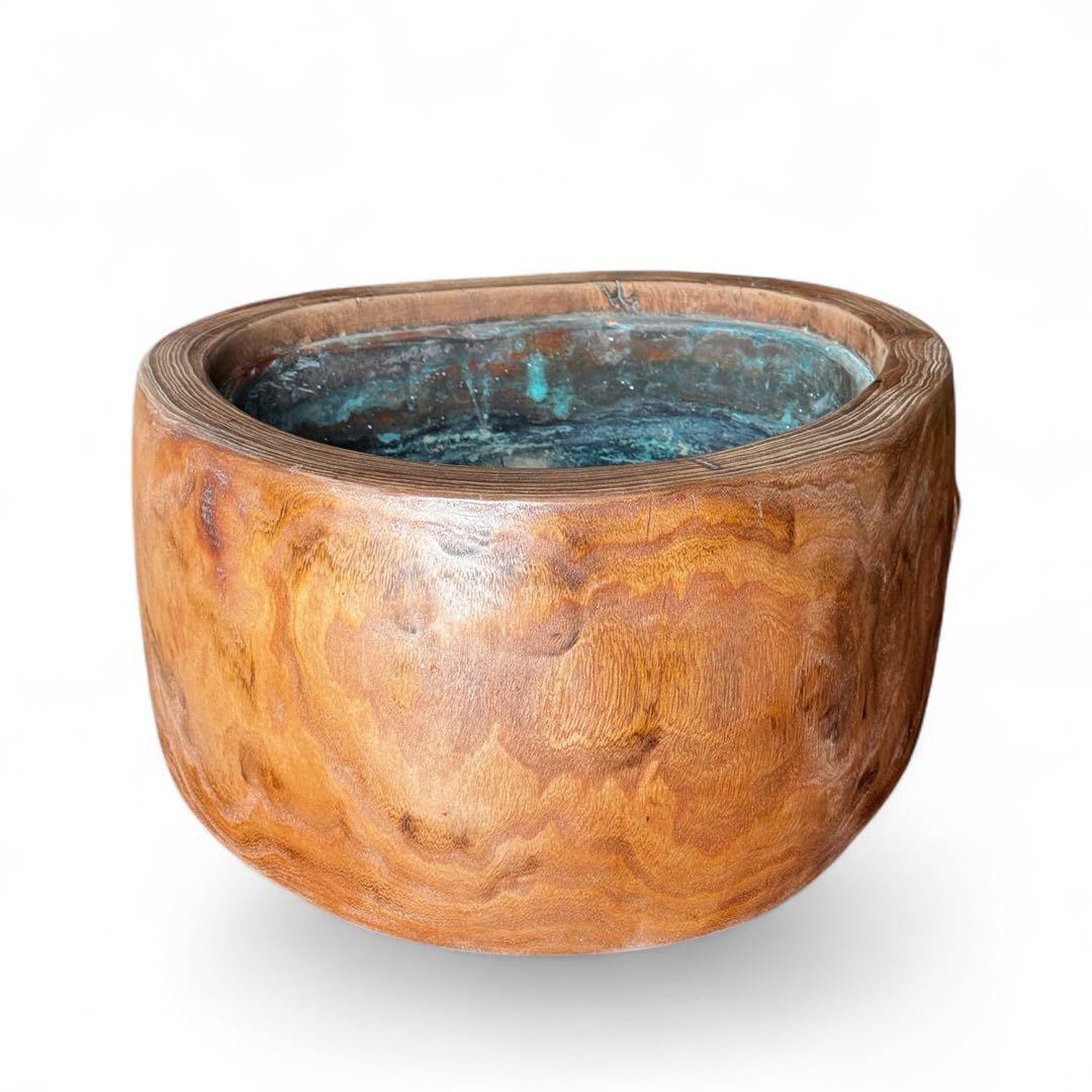 《美しい木肌》希少 美品 桐丸太 切り株 くり抜き火鉢 銅板落とし