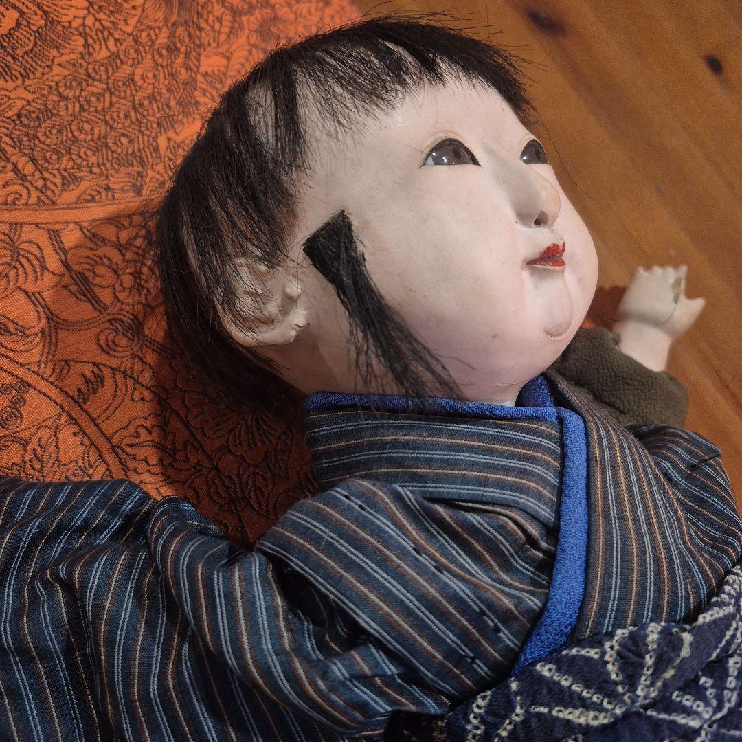 市松人形 青と黒のストライプ着物 ジャンク品