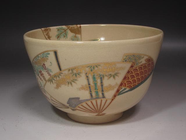 ★　三浦竹軒　仁清写扇絵鉢　二重箱　※金直し有★x275