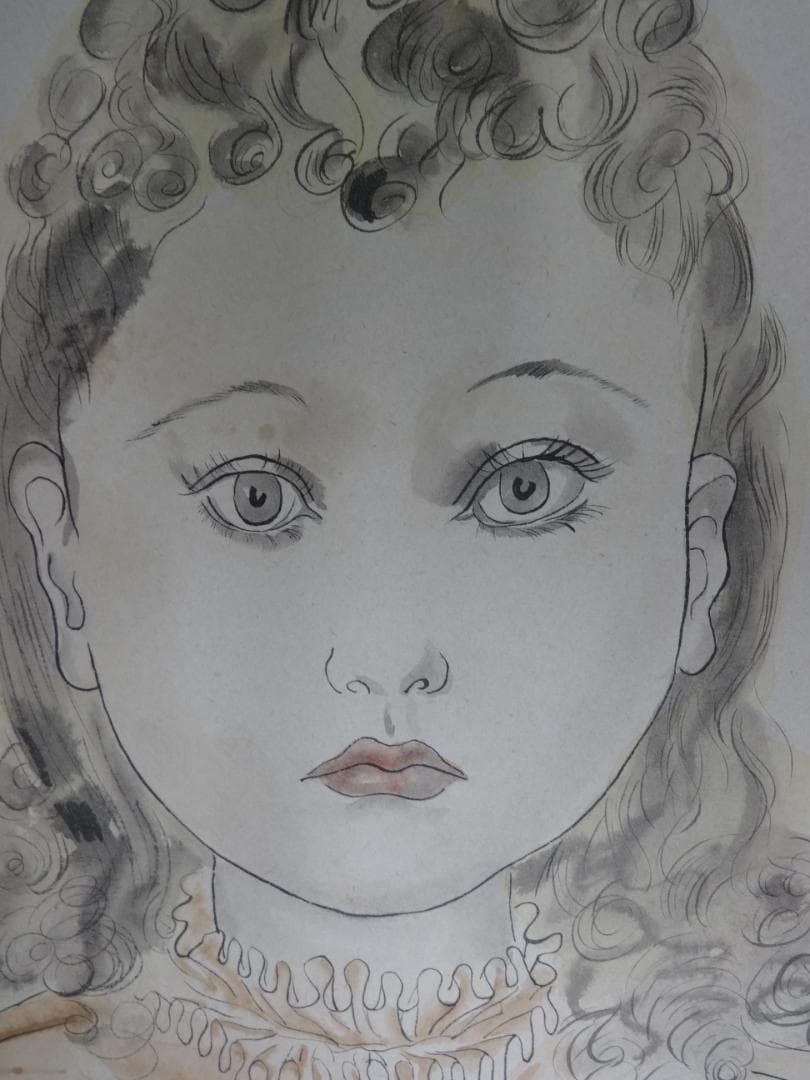 藤田嗣治・少女・1972年頃・肉筆水彩・大型額装・レオナールフジタ・ft90c