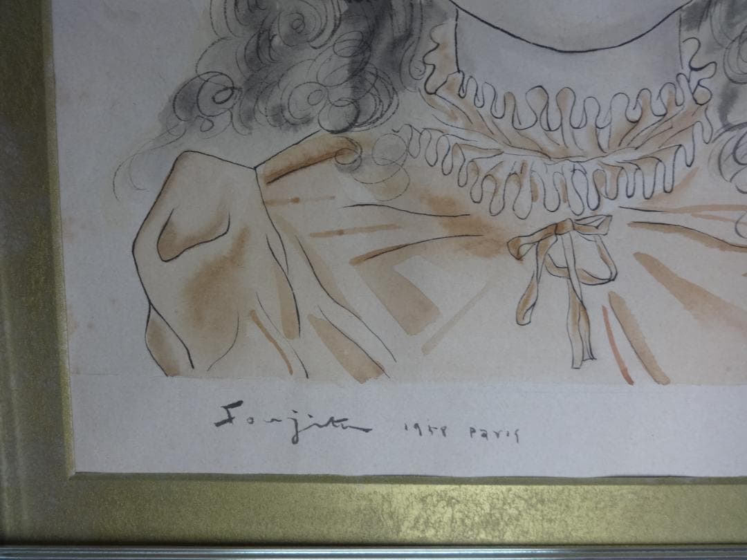 藤田嗣治・少女・1972年頃・肉筆水彩・大型額装・レオナールフジタ・ft90c