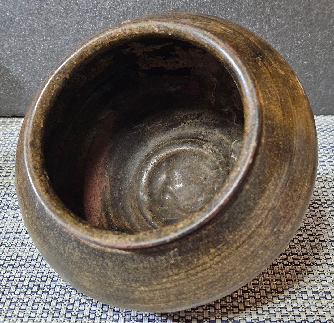 【時代古作品❗】古唐津　灰釉　褐釉　丸壺 　花入れ　花生け　茶道具　茶器　無傷！