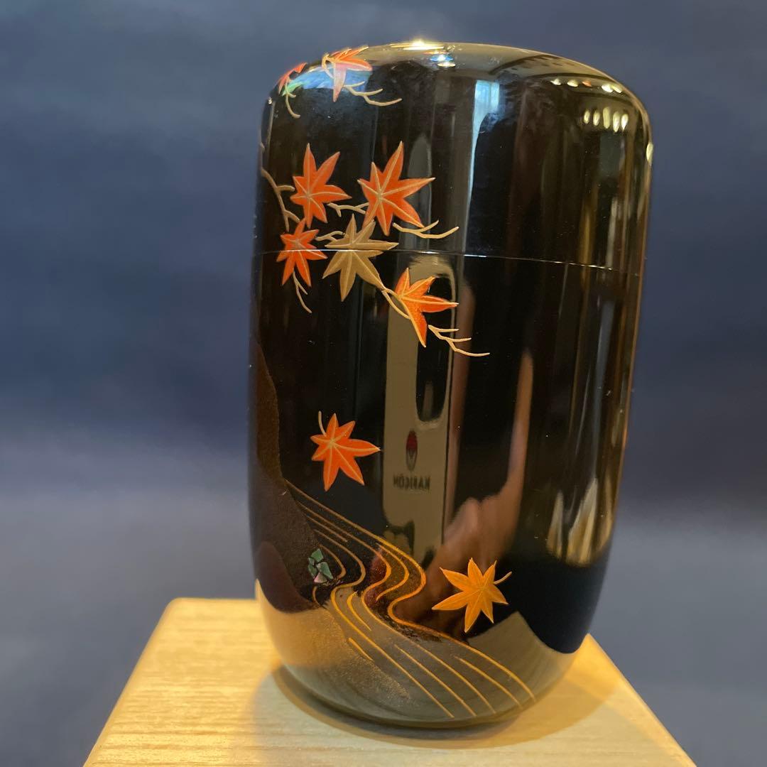 【竹内 幸斎】(造)『紅葉蒔絵の細棗』共箱　※美品 茶道具「棗」