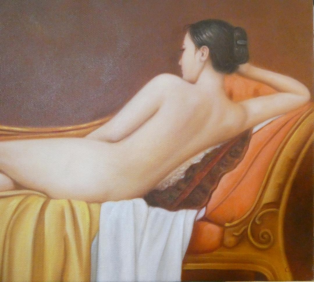 油絵　額付き　森本草介 　M10 【　横卧裸婦　】手描き　肉筆