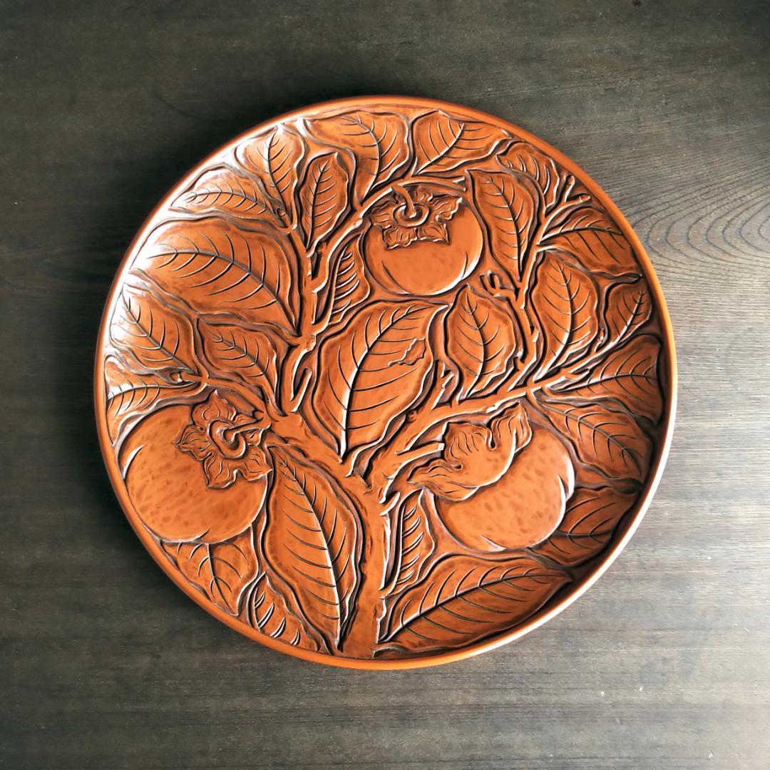 鎌倉彫　博古堂　大型　11寸　35.5㎝　柿モチーフ　丸皿・丸盆