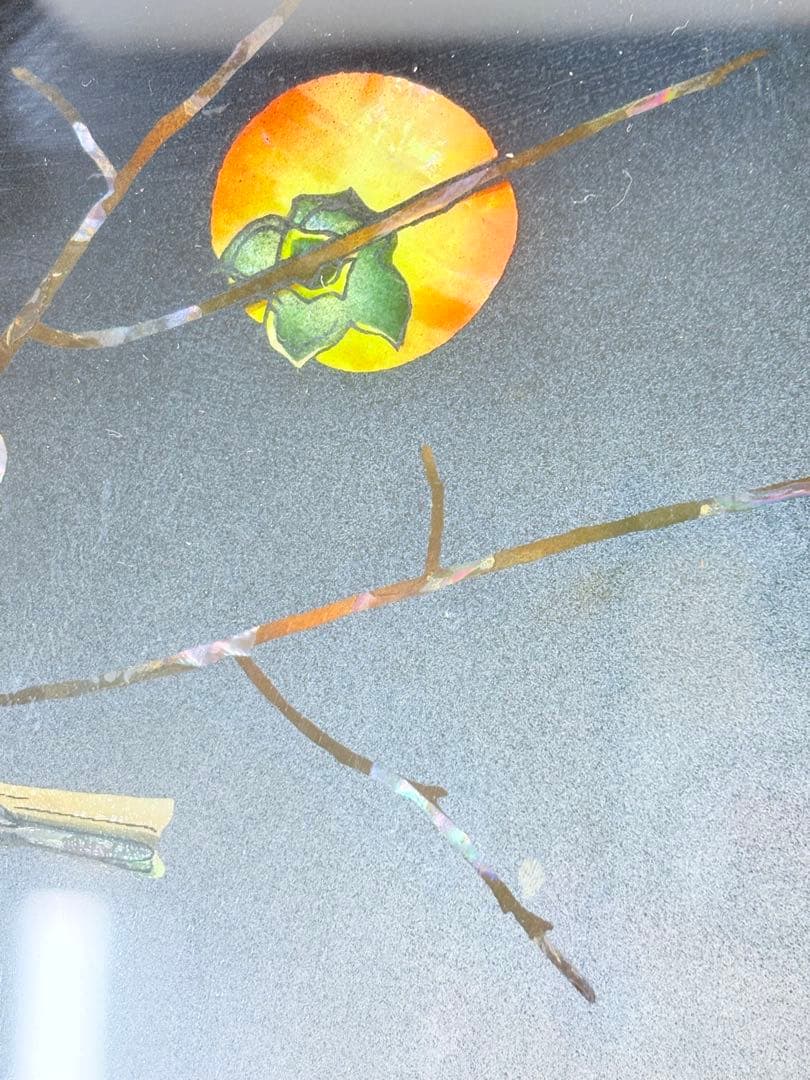 螺鈿細工 日本画 鳥 果物 柿 額装 絵画 アート アンティーク