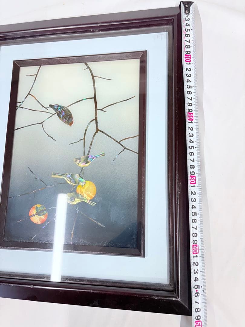 螺鈿細工 日本画 鳥 果物 柿 額装 絵画 アート アンティーク
