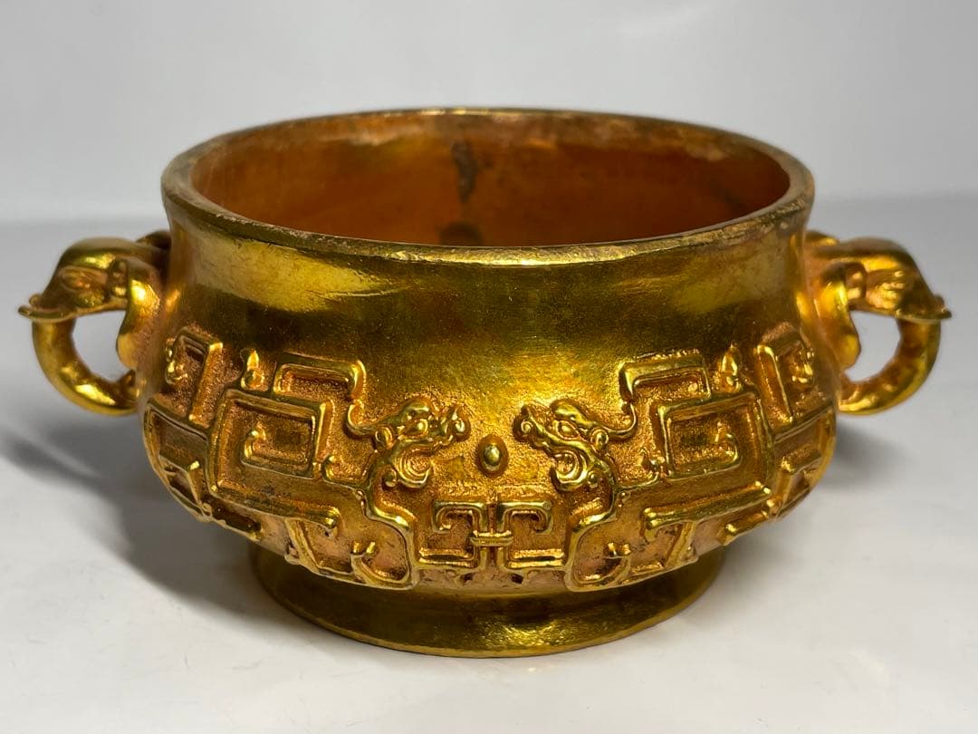 中国古美術　大明宣徳年製　象耳塗金香炉　中国骨董品　旧家蔵品　重さ548g