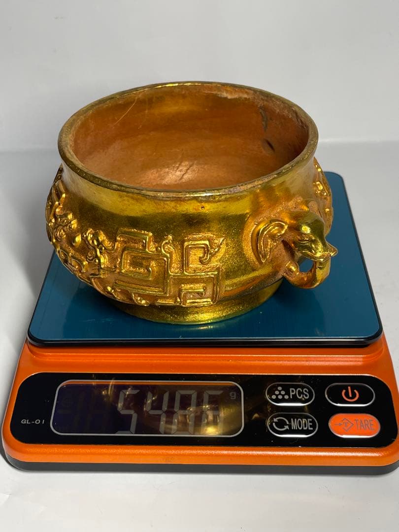 中国古美術　大明宣徳年製　象耳塗金香炉　中国骨董品　旧家蔵品　重さ548g