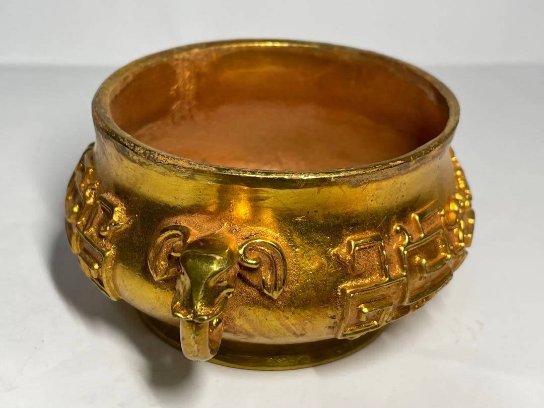 中国古美術　大明宣徳年製　象耳塗金香炉　中国骨董品　旧家蔵品　重さ548g