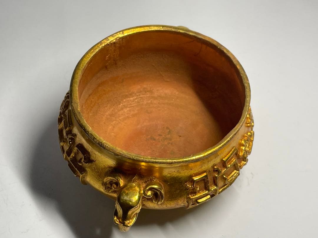 中国古美術　大明宣徳年製　象耳塗金香炉　中国骨董品　旧家蔵品　重さ548g